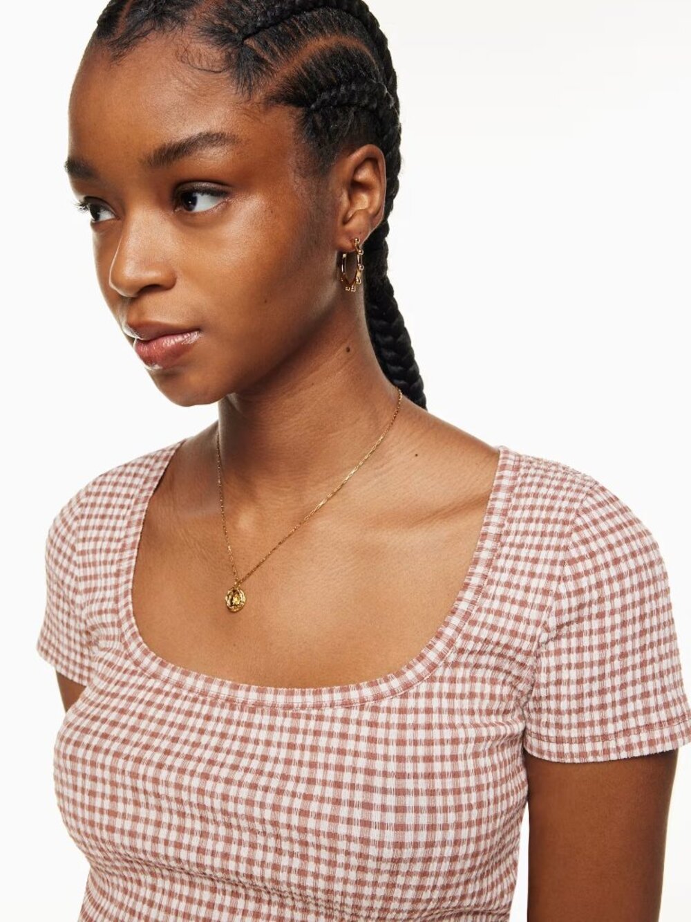Aritzia Wilfred Brown & Cream Checked Cropped Short Sleeve Top XS